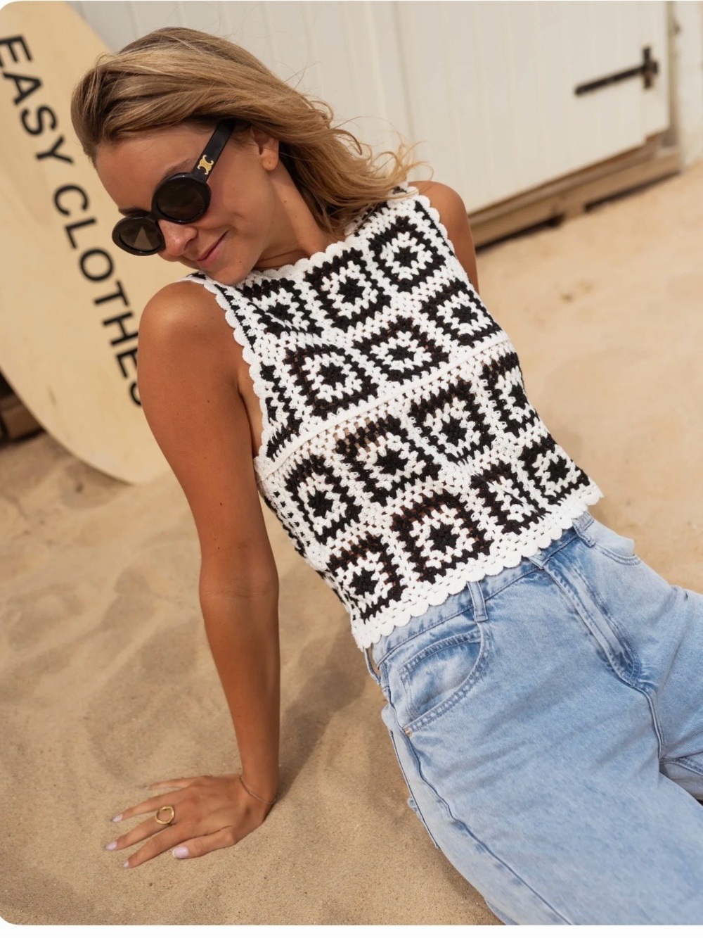 Crocheted Black & White Square Motif Tank Top